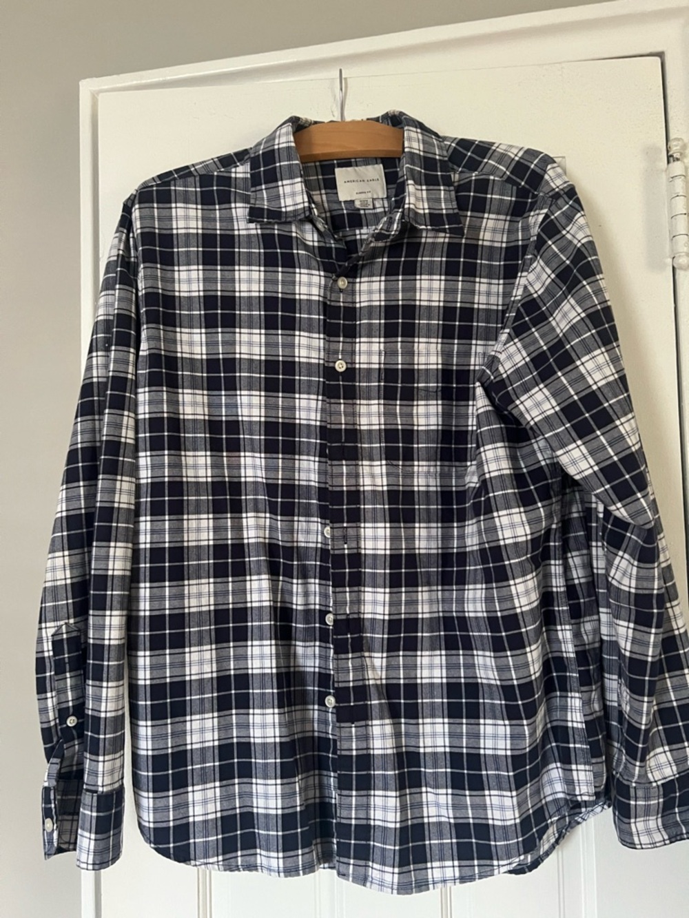 American Eagle Outfitters Navy and White Plaid Button-Down Shirt